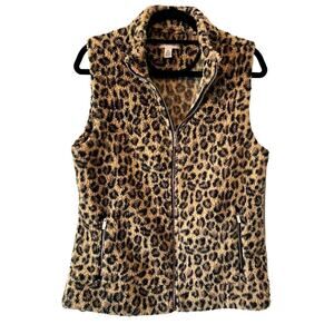 CALVIN KLEIN Sherpa Full Zip Faux Fun Leopard Print Soft Sleeveless Vest Sz M